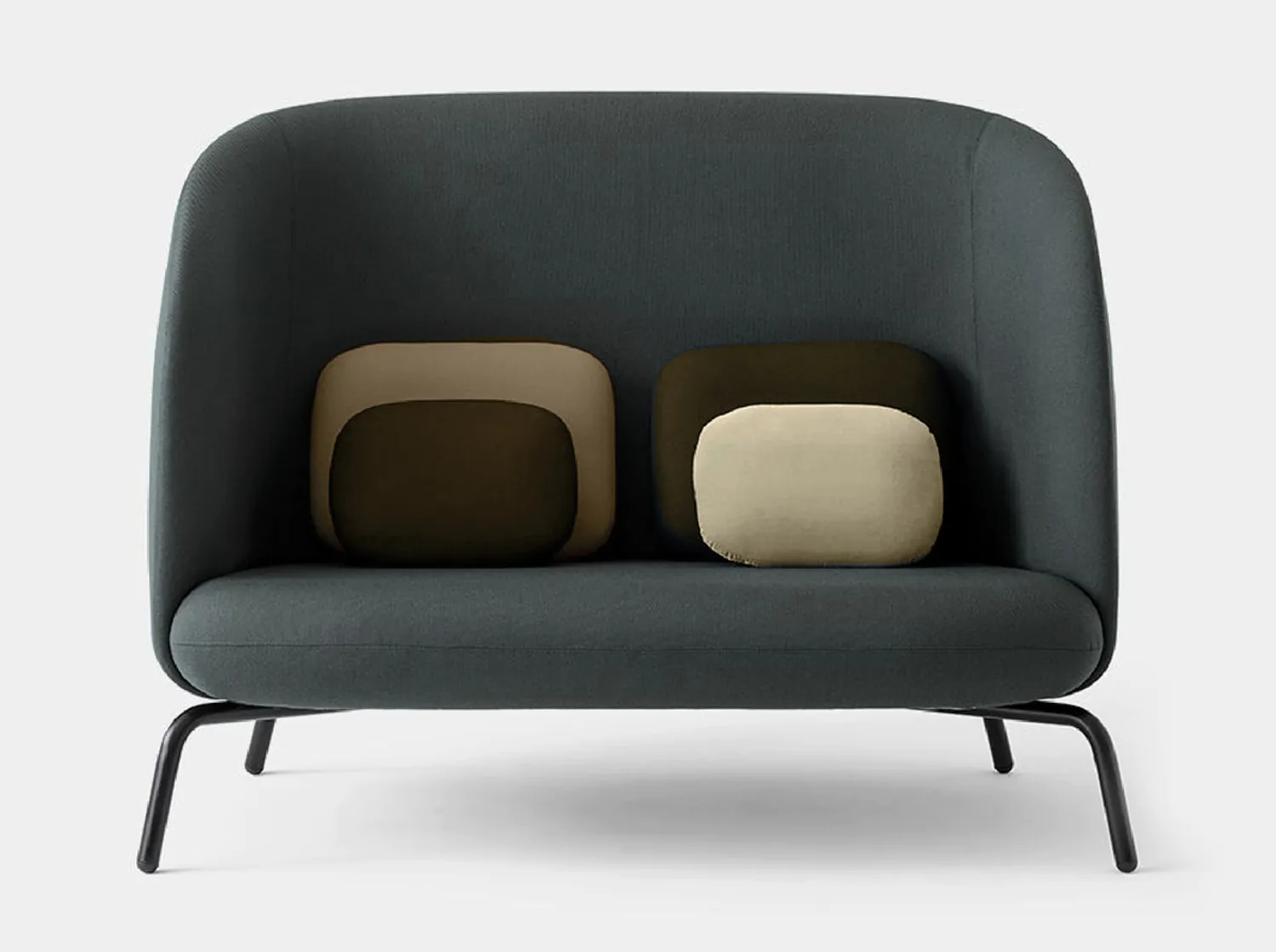 Modern dark teal high-back loveseat with contrasting cushions and black metal legs